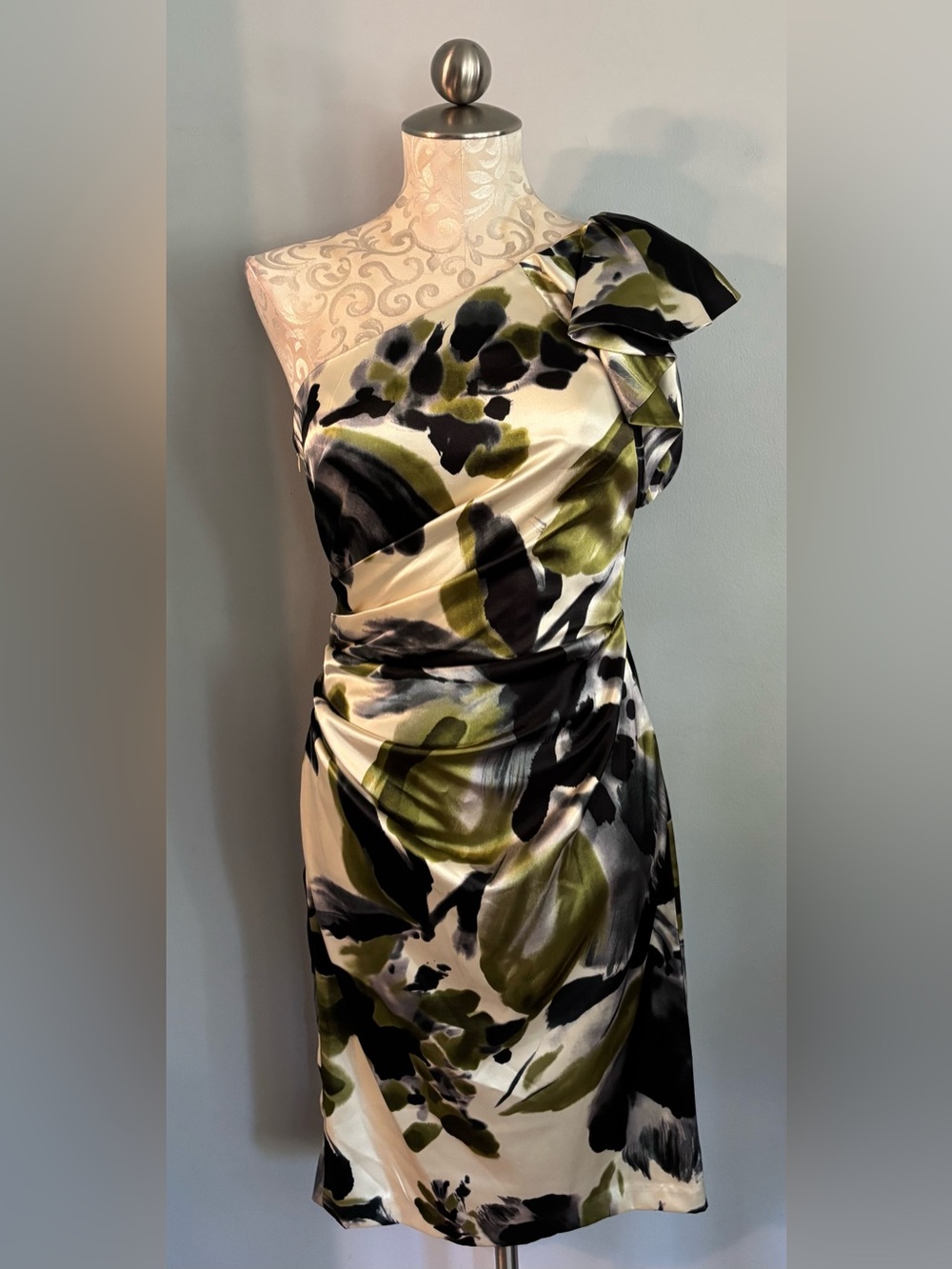 London Times watercolor satin one-shoulder dress.